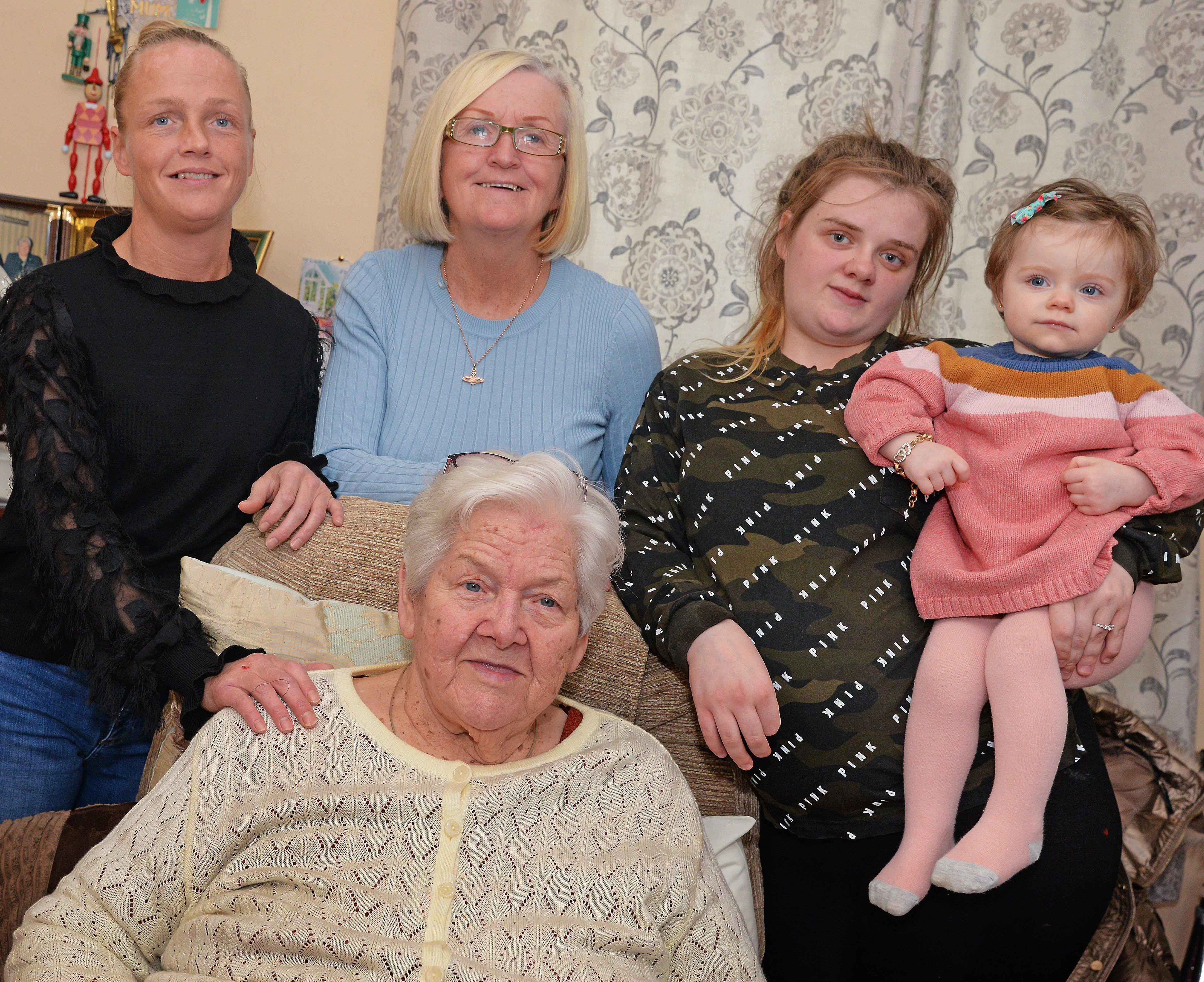 Five generations. Eileen pictured with daughter Jeanette Long, grandaughter Kelly Bint, great grandaughter Rebecca Bint and great great grandaughter Iyla-Rose Worsfold, one. Picture: NDFP-18-01-20 Long 2-NMSY