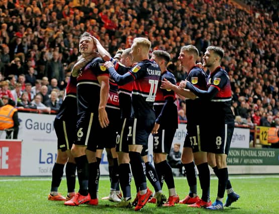 Doncaster Rovers celebrate Andy Butler's goal which drew their semi-final level