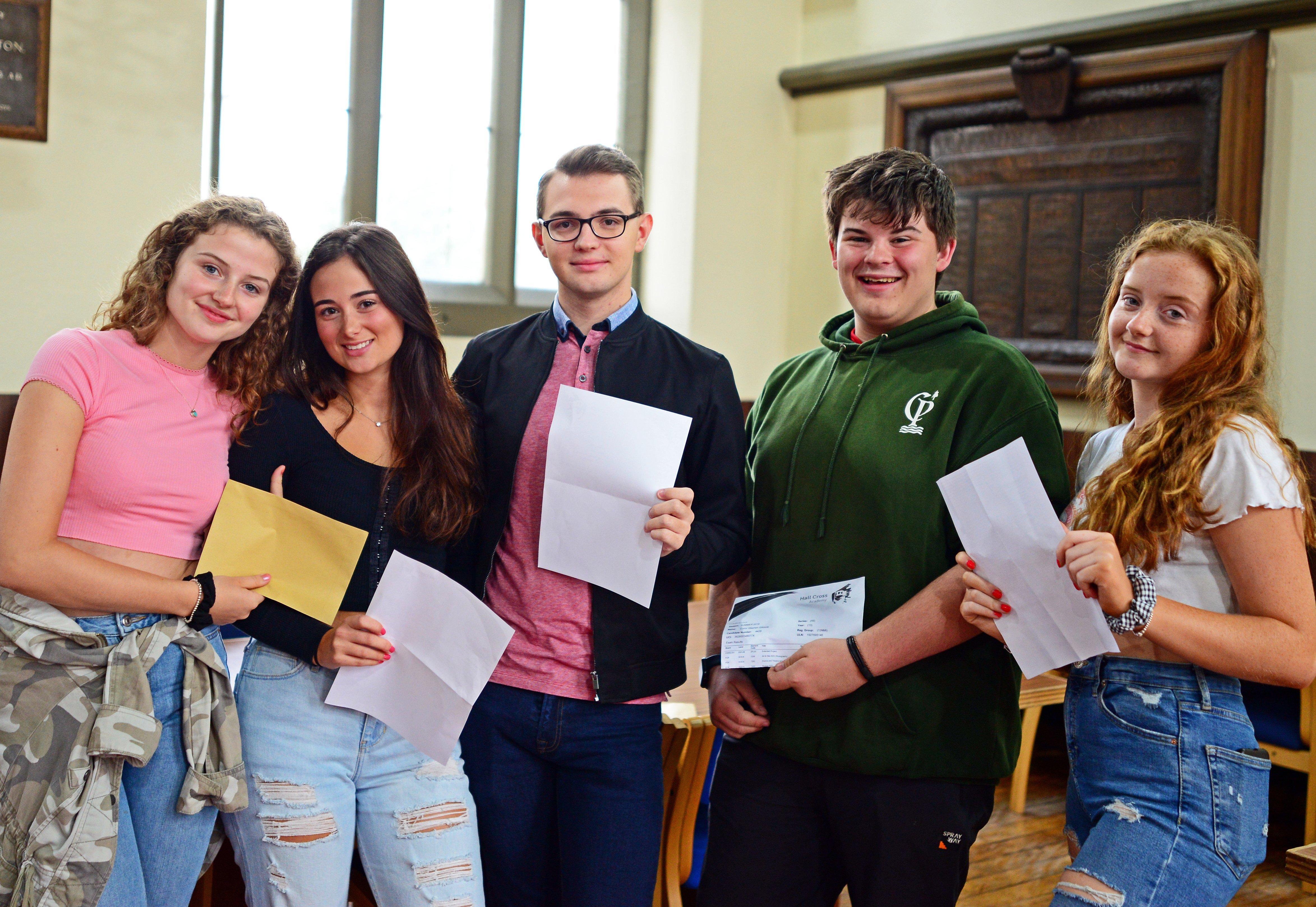 Matilda Swain, 18, of Edenthorpe, Lauren Sharpe, 18, of Fishlake, Zak Newby, 18, of Clay Lane, Conor Gilmore, 17, of Edenthorpe and Claudia Swain, 18, of Edenthorpe, pictured celebrating their A level results at Hall Cross Academy. Picture: Marie Caley NDFP-15-08-19-Alevel-HallCross-6