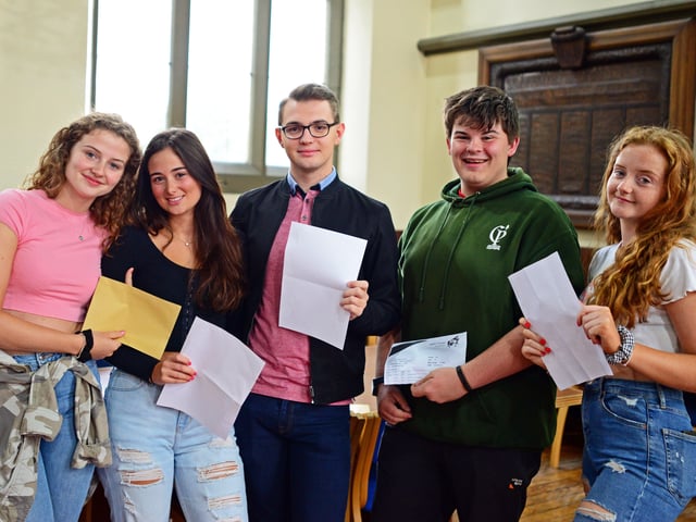 Matilda Swain, 18, of Edenthorpe, Lauren Sharpe, 18, of Fishlake, Zak Newby, 18, of Clay Lane, Conor Gilmore, 17, of Edenthorpe and Claudia Swain, 18, of Edenthorpe, pictured celebrating their A level results at Hall Cross Academy. Picture: Marie Caley NDFP-15-08-19-Alevel-HallCross-6