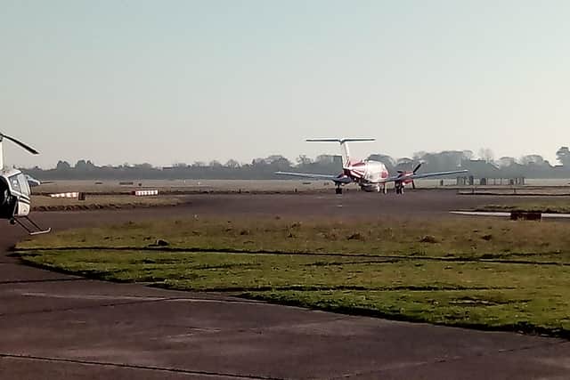 The Maritime and Coastguard Agency's Beechcraft King Air B200 makes its way down the runway after being scrambled at Doncaster.