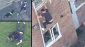 Dramatic footage shows a fugitive driver jumping out a window to evade cops before being wrestled to the ground by a hero police dog.