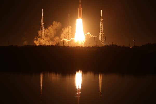 Artemis I Space Launch System (SLS) rocket, with the Orion capsule attached, launches at NASA's Kennedy Space Center on November 16