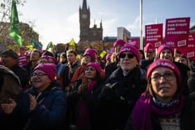  Representatives of National Education Union (NEU), Communication Workers Union (CWU) and the public-service union Unison join a rally by the University and College Union (UCU).