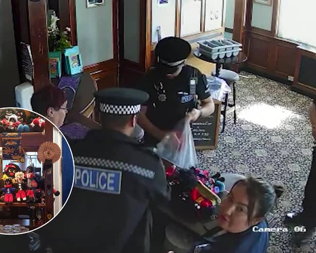 CCTV footage shows police storming a couple's Essex pub and seizing their golliwog dolls, saying the toys were a suspected hate crime (Photos: SWNS)