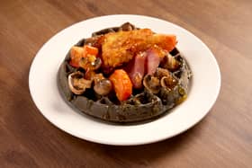 Black pudding and bacon batter, hash browns, tomatoes, mushrooms, with bacon and orange marmalade drizzle. Hampton by Hilton is trailaling limited edition British Breakfast Waffle Trio as part of its free hot breakfast included in every stay