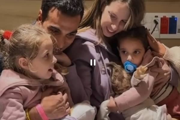 A still from a video showing the return of Israeli hostages from Hamas over the weekend of November 25 and 26
