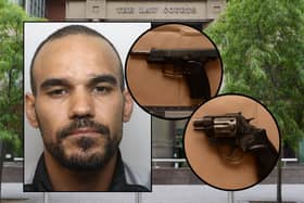 Jahmaine Watson pictured alongside the two firearms recovered during a police raid 