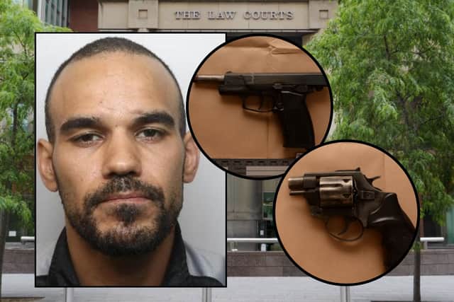 Jahmaine Watson pictured alongside the two firearms recovered during a police raid 