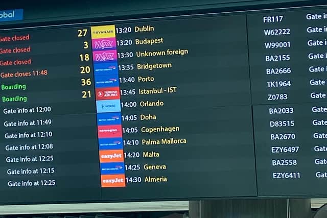 The destination on the departure flight board read ‘Unknown foreign’. (Photo: Isabella Boneham)