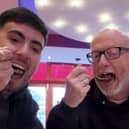 Callum Ryan and his dad Darren Ryan trying 'London's hottest curry' at Aladin in Brick Lane.