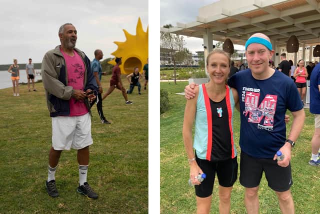 Left, Daley Thompson, and right, Tom with Paula Radcliffe