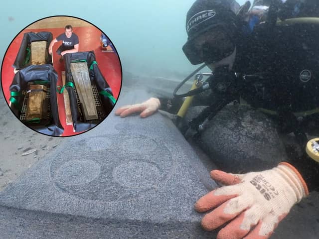 Tom Cousins, a maritime archaeologist from Bournemouth University, recovered some medieval gravestones from an ancient shipwreck.