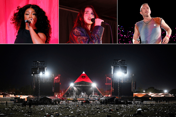 [Top L-R] SZA, Dua Lipa and Coldplay's Chris Martin will be headlining the Pyramid Stage (below) at this year's Glastonbury Festival 2024' but who is playing at what time and who is the secret act on Woodsies Stage on Saturday? (Credit: Getty Images)