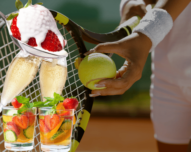 How many bottles of champagne are drunk annually at Wimbledon and how long does "Pimms o'clock" last throughout the two weeks of tennis fans at SW19? (Credit: Canva)