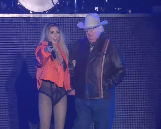 Shania Twain invites 81 year old superfan, Ken, on stage during her set at Lytham Festival.