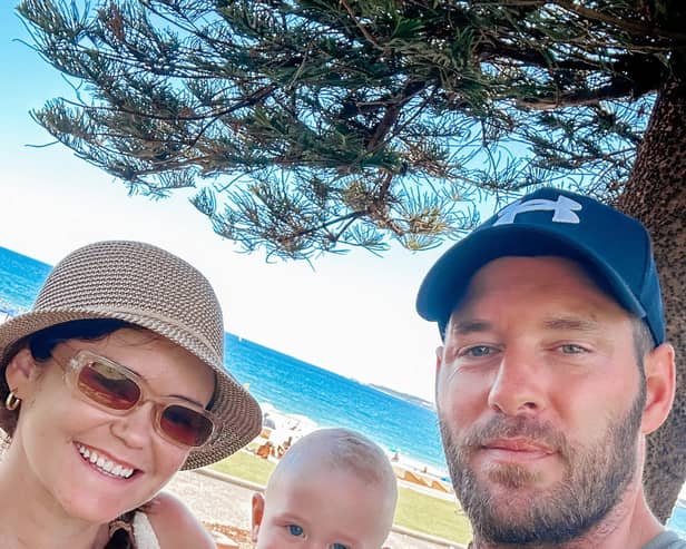 Colleen Deere, 35, and fiancé Tom McParland, 39, with their one-year-old son, Cove.