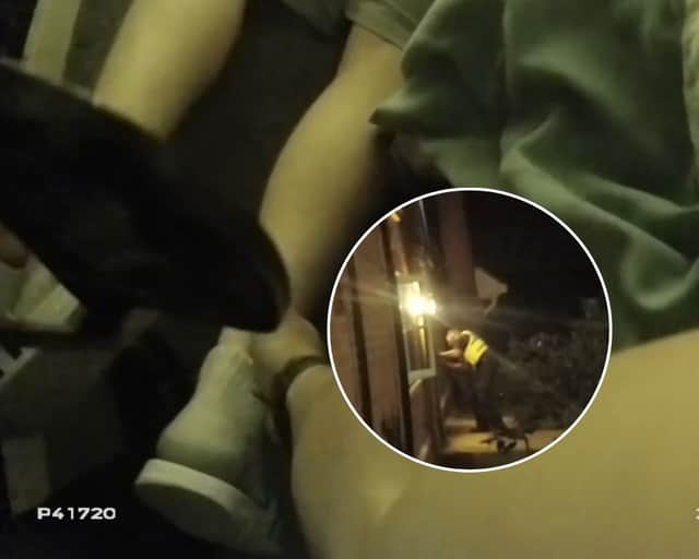 This was the comical moment when police find a wanted man - hiding under his mum’s bed after leaving his window open.