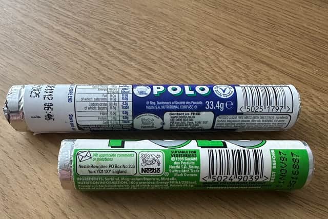 The Sugar Free Polo Mints (green and white) from 1997 and a modern day packet of Sugar Free Polo Mints.