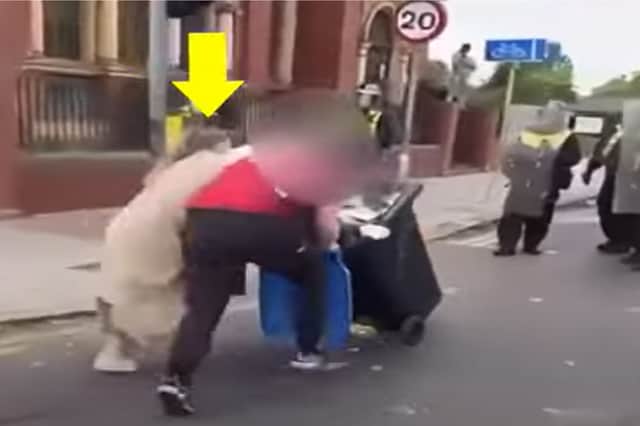 Stacey Vint falls over trying to ram police with alight wheelie bin.