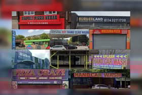 Top row, Napoli Pizza, Sheffield and Burgerland, Sheffield. Second row, left to right: Super Hands Car Wash, Rotherham; Crystal Hot Hand Car Wash, Rotherham and Massimo Pizza, Rotherham. Third row, left to right: Rotherham Market - Fruit and Veg Stall no 19 & 20; The Bangla Chef, Doncaster and Splash Car Wash, Doncaster. Bottom row, left to right: Pizza Crazy, Doncaster and Hand Car Wash, Doncaster