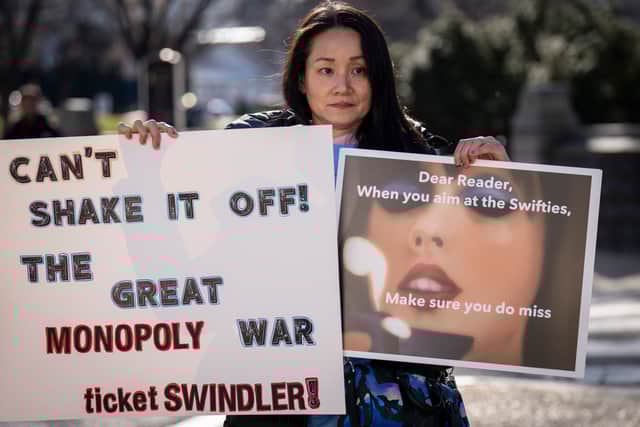 Amy Edwards demonstrates against the live entertainment ticket industry outside the U.S. Capitol January 24, 2023 in Washington, DC. The Senate Judiciary Committee is holding a hearing this morning to explore whether the merger of Live Nation and Ticketmaster has stifled competition and harmed the consumer marketplace.