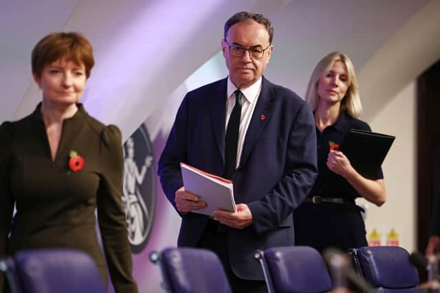 Bank of England Governor Andrew Bailey (C) attends the central bank's Monetary Policy Report press conference at the Bank of England on 7 November 2024 (Photo: Henry Nicholls - WPA Pool/Getty Images)