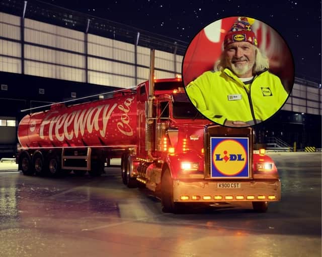 ‘Nick’ brings the Lidl cola truck to life. He is seen ticking off his list and loading up present boxes, in the Christmas ad campaign.