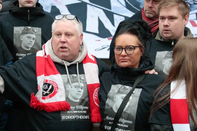 Harvey's parents, Mark and Caroline Willgoose outside Sheffield Town Hall