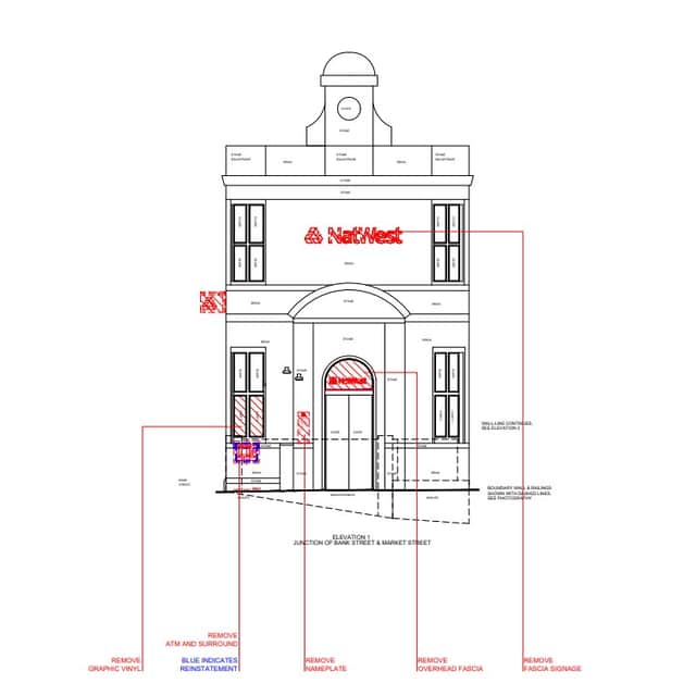 Images submitted in the application show external signage and ATMs which will be removed in red.