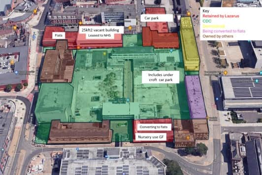 An overhead image showing who would own what parts of Waterdale. Areas where the freehold would be transferred to Doncaster Council are in green.