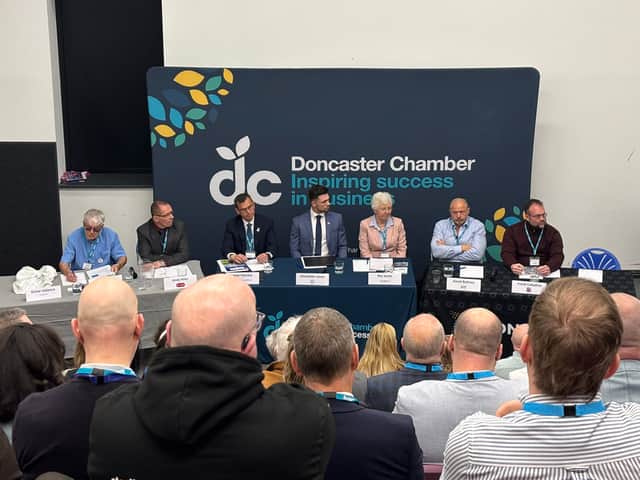 Seven candidates took part in the first mayoral hustings of the 2025 local elections. L-R: Doug Wright, Andy Hiles, Nick Fletcher, Alexander Jones, Ros Jones, David Bettney, Frank Calladine.