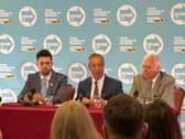 John Ryan, former owner of Doncaster Rovers, endorsed Reform UK at a press conference with mayoral candidate Alexander Jones (left) and Nigel Farage.