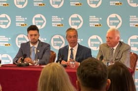 John Ryan, former owner of Doncaster Rovers, endorsed Reform UK at a press conference with mayoral candidate Alexander Jones (left) and Nigel Farage.