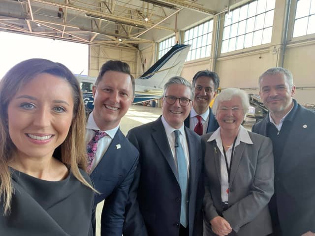 Sally Jameson, Lee Pitcher, Ed Miliband, Ros Jones, Keir Starmer and Oliver Coppard at Doncaster Sheffield Airport site.