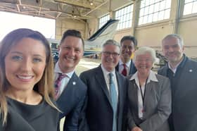 Sally Jameson, Lee Pitcher, Ed Miliband, Ros Jones, Keir Starmer and Oliver Coppard at Doncaster Sheffield Airport site.
