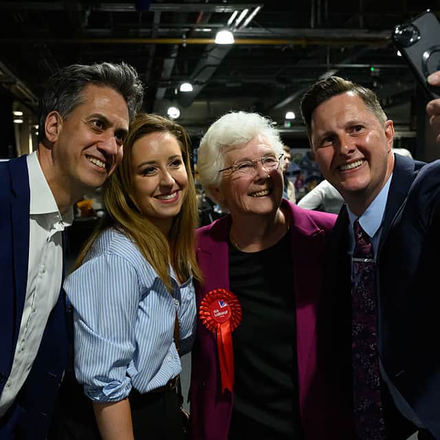 Environment Secretary Ed Miliband, Labour MP for Doncaster Central Sally Jameson, Mayor of Doncaster Ros Jones of the Labour Party and Labour MP for Doncaster East and Axholme Lee Pitcher pose for a selfie after the declaration of the winner of the Doncaster Mayoral elections. Credit: Getty