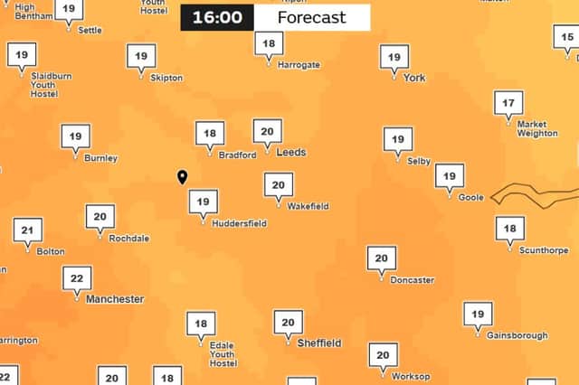 Met Office weather map for Yorkshire on Sunday May 19 at 16:00.