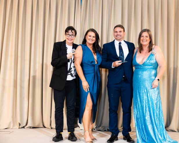 Welsh business Home of Nail Art, on a mission to improve safety standards in the beauty industry, won Small Business of the Year at the Small Awards; photographed with Sue Perkins (left) and Michelle Ovens CBE (right)