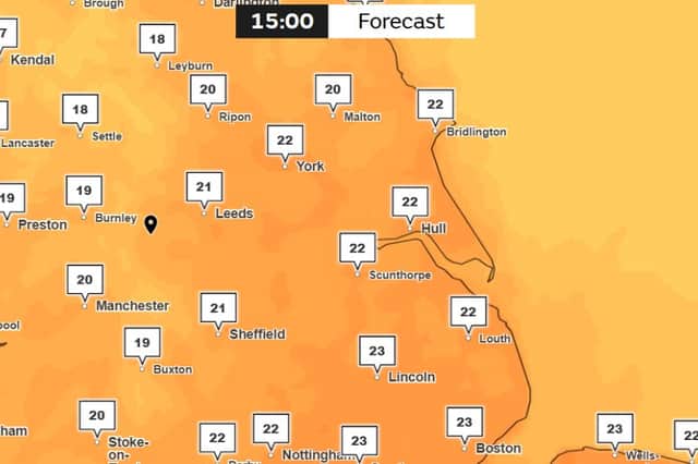 Met Office weather map for Yorkshire - 15:00 on May 31.