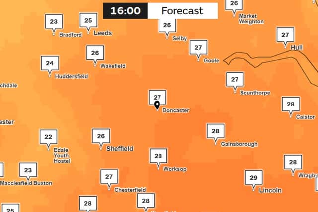 A Met Office map shows it is forecast to be 27°C in Doncaster at around 16:00 on Monday June 30.