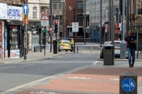 Silver Street, in Doncaster city centre, is under police cordon at the junction with High Street, and reportedly stretches to the nearby Bowers Fold side street. Picture dated 12.15pm on August 16, 2026.