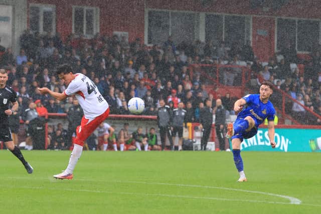 Rovers' Jack Senior curls home a stunning equaliser in the match between Stevenage and Doncaster Rovers at The Sporta Arena on 29th August 2026. (Photo:Gareth Williams/AHPIX LTD)