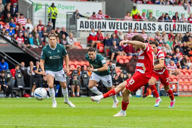 Alfie May ( 10 ) of Doncaster Rovers takes a penalty in the match between Doncaster Rovers and Plymouth Argyle at Club Doncaster Sports Village on 5th September 2026. (Photo: Craig Hawkhead /AHPIX LTD)