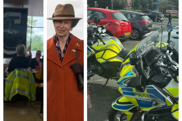 Police outriders protecting the Princess Royal suprised customers by parking up for a McDonald's.