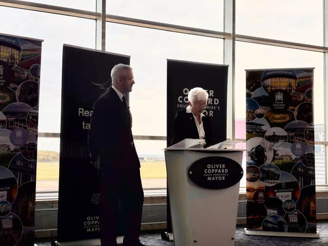 Mayor Oliver Coppard and Mayor Jones speaking at Doncaster Sheffield Airport.