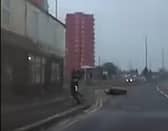 The rider fled from his crashed bike after trying to out run police in Doncaster city centre.
