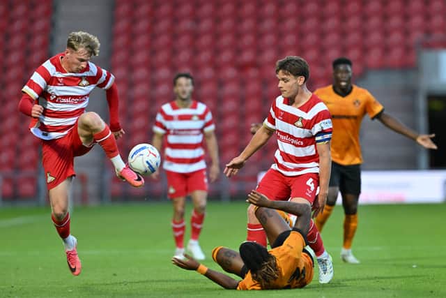 Doncasters'  Bayley McCann and Owen Bailey in action during pre-season