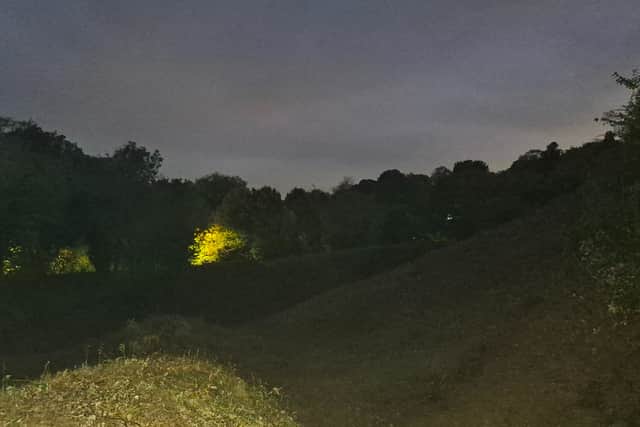 Castle Hill Conisbrough we saw the white lady walk over from Right to Left holding a small wooden cross in her hands on castle hill