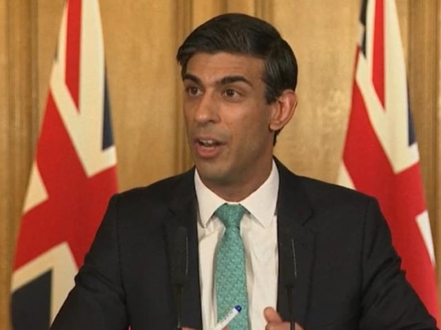 Chancellor Rishi Sunak answering questions from the media via a video link during a media briefing in Downing Street. Photo: PA Video/PA Wire